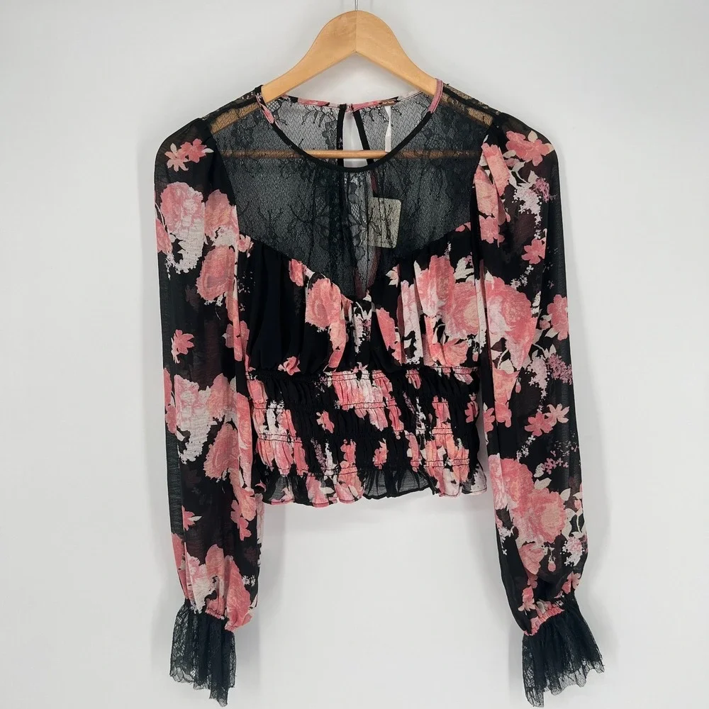 Free People Boho Peplum Babydoll Top XS Softgrunge Romantic Lace Sheer Ruffle